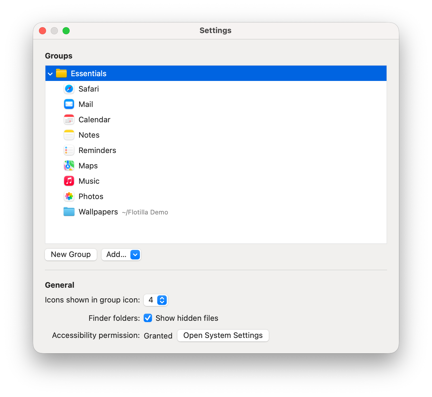 The settings window, with the Essentials group expanded under Groups and the General section below